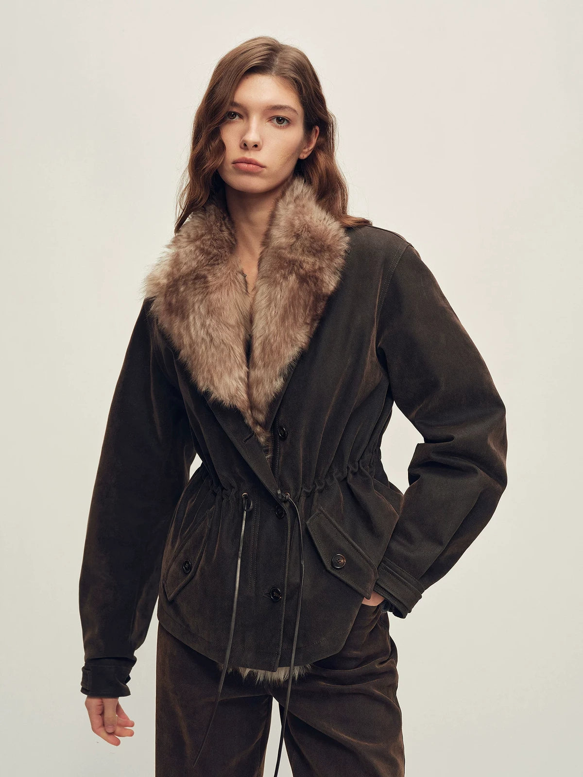 Firelady Fur dark brown short utility parka front view
