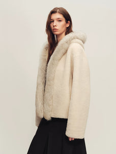 Firelady Fur Women's Hooded Shearling Jacket - Fox Fur Trim in Apricot Beige - view 2