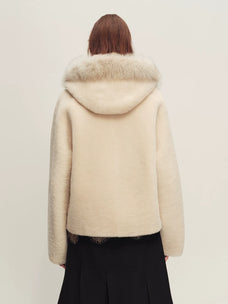 Firelady Fur Women's Hooded Shearling Jacket - Fox Fur Trim in Apricot Beige - view 3