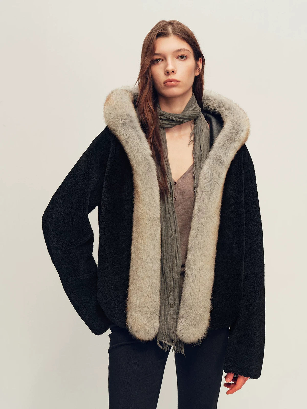 Firelady Fur Women's Hooded Shearling Jacket - Fox Fur Trim in Black - front half-body