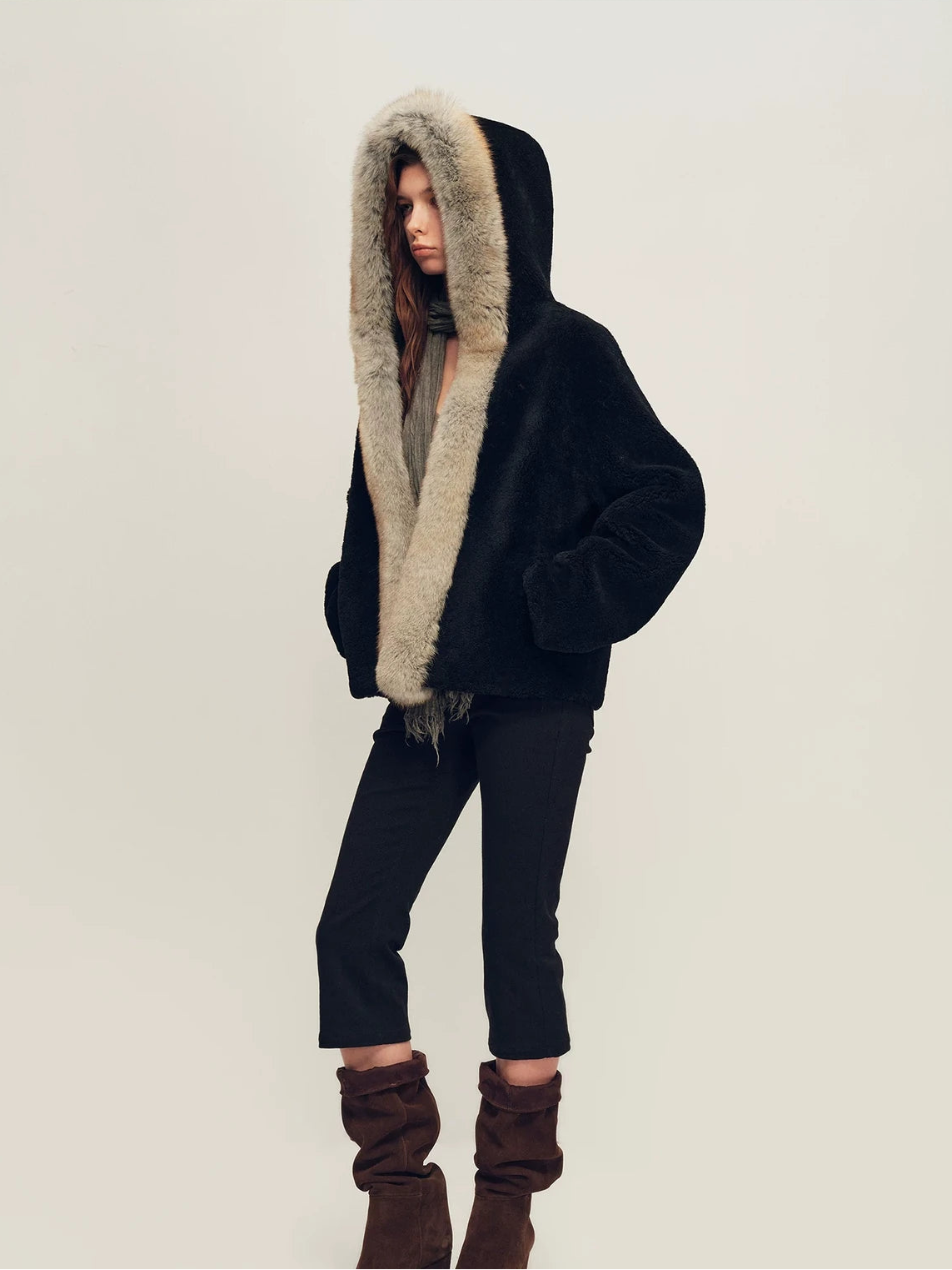 Firelady Fur Women's Hooded Shearling Jacket - Fox Fur Trim in Black - view 2