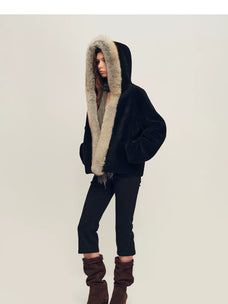 Firelady Fur Women's Hooded Shearling Jacket - Fox Fur Trim in Black - view 2