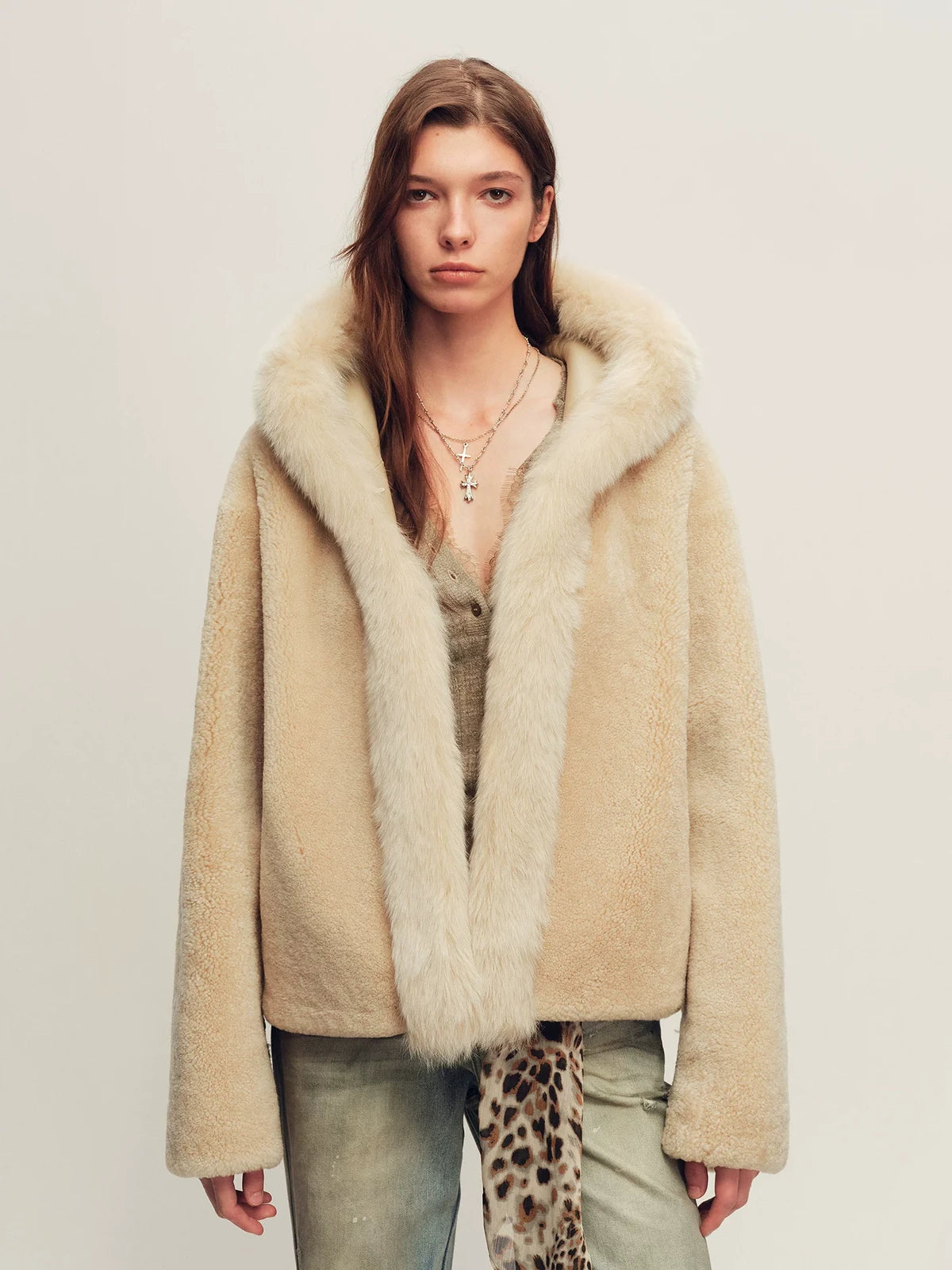 Firelady Fur Women's Hooded Shearling Jacket - Fox Fur Trim in Tea Beige - front half-body