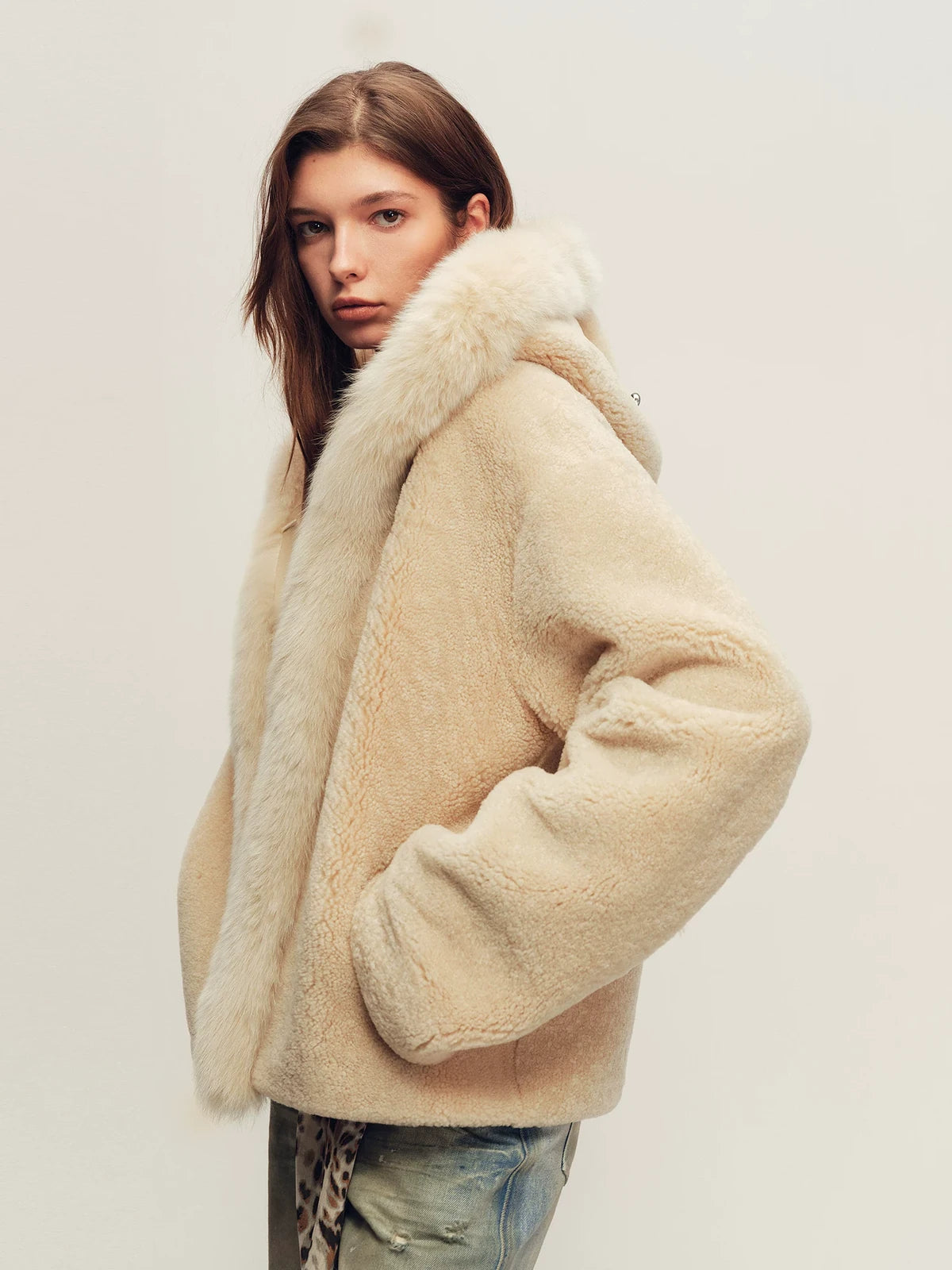 Firelady Fur Women's Hooded Shearling Jacket - Fox Fur Trim in Tea Beige - view 2
