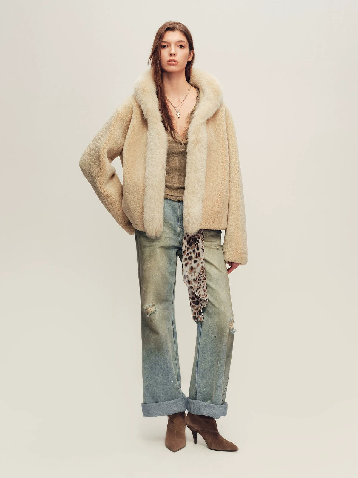 Firelady Fur Women's Hooded Shearling Jacket - Fox Fur Trim in Tea Beige - view 3