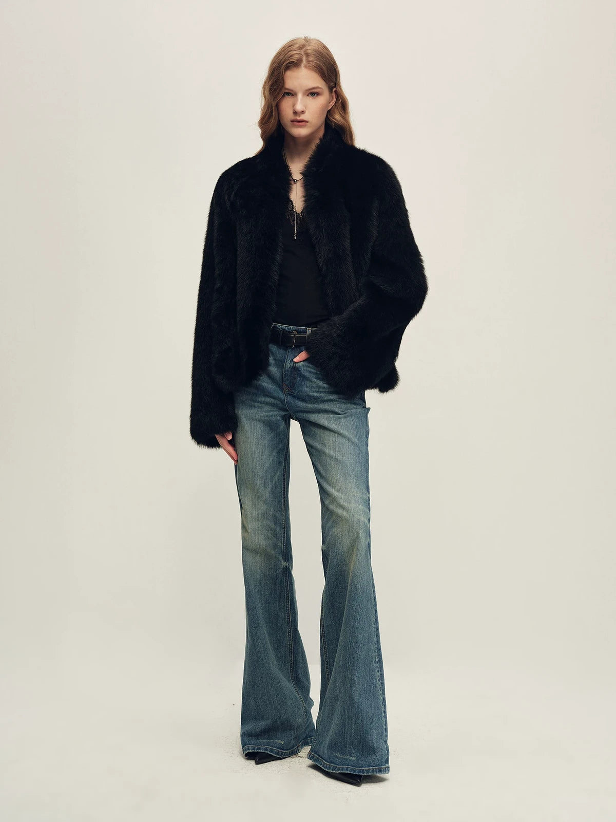 Firelady Fur Women's Toscana Shearling Jacket - Short Stand Collar in Black - view 2