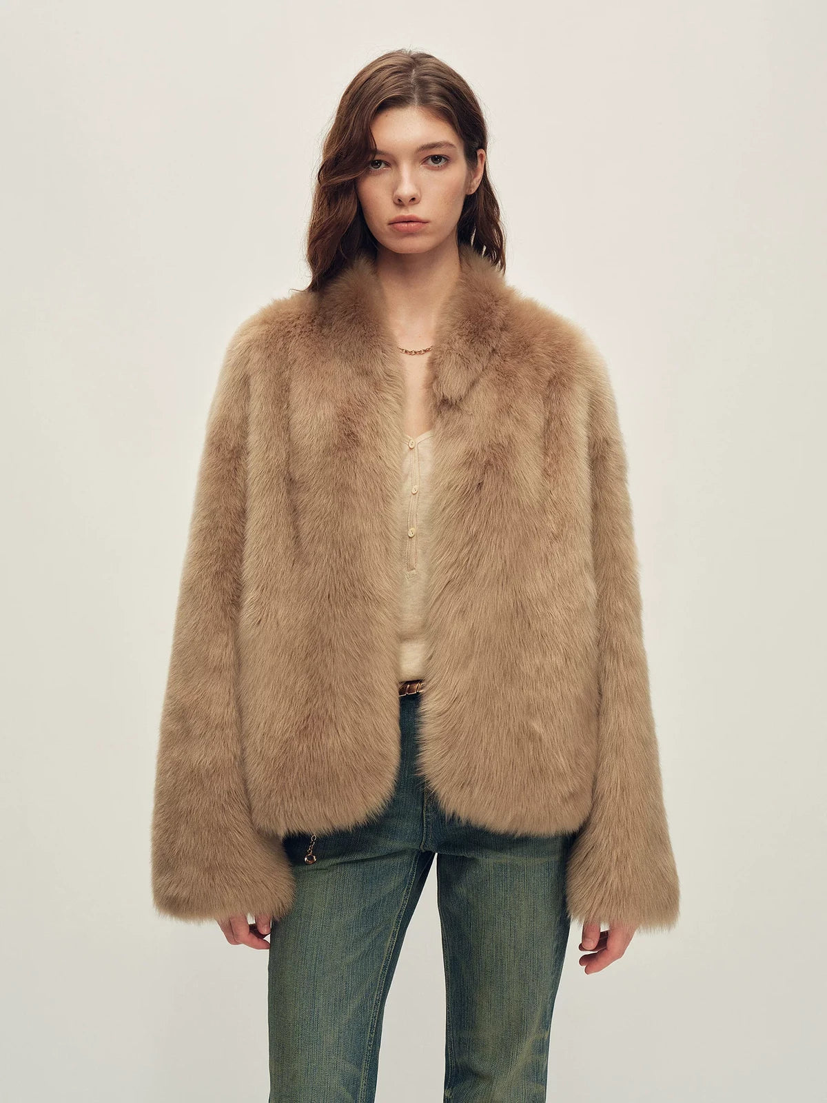 Firelady Fur Women's Toscana Shearling Jacket - Short Stand Collar in Camel - front half