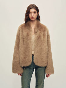 Firelady Fur Women's Toscana Shearling Jacket - Short Stand Collar in Camel - front half