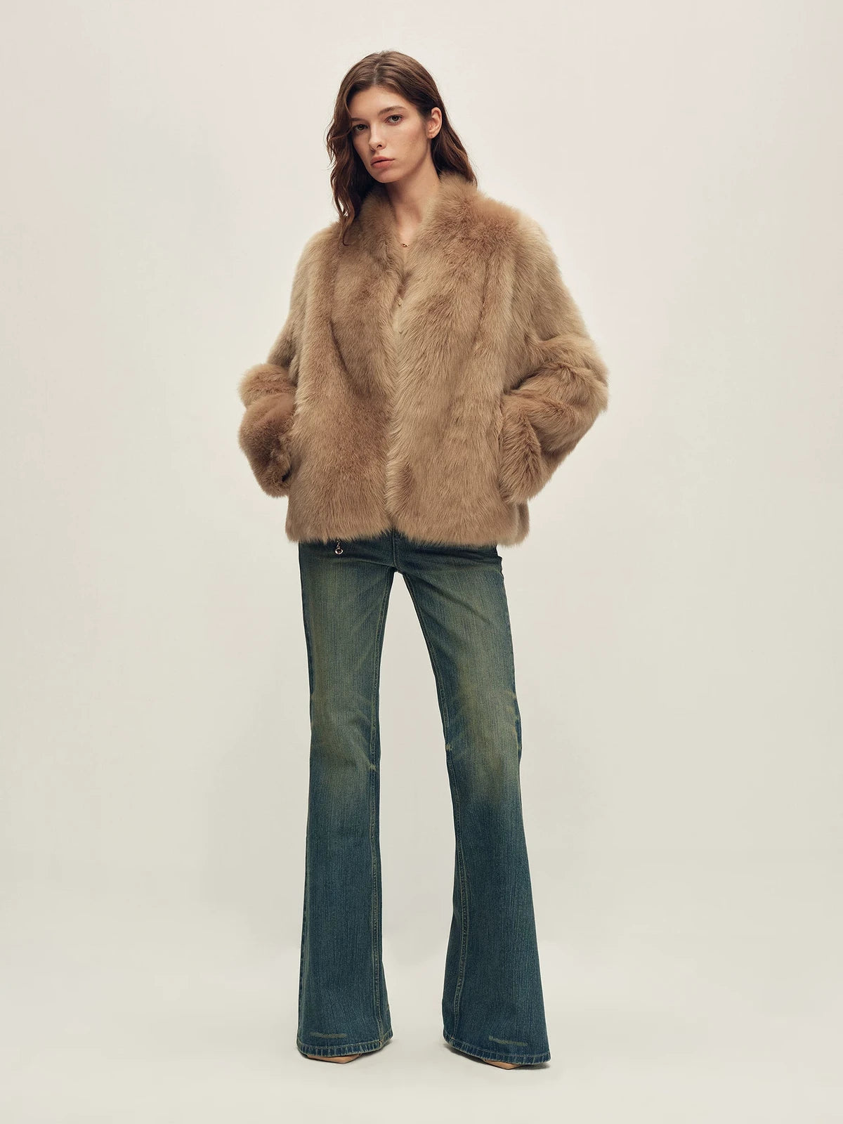 Firelady Fur Women's Toscana Shearling Jacket - Short Stand Collar in Camel - view 3