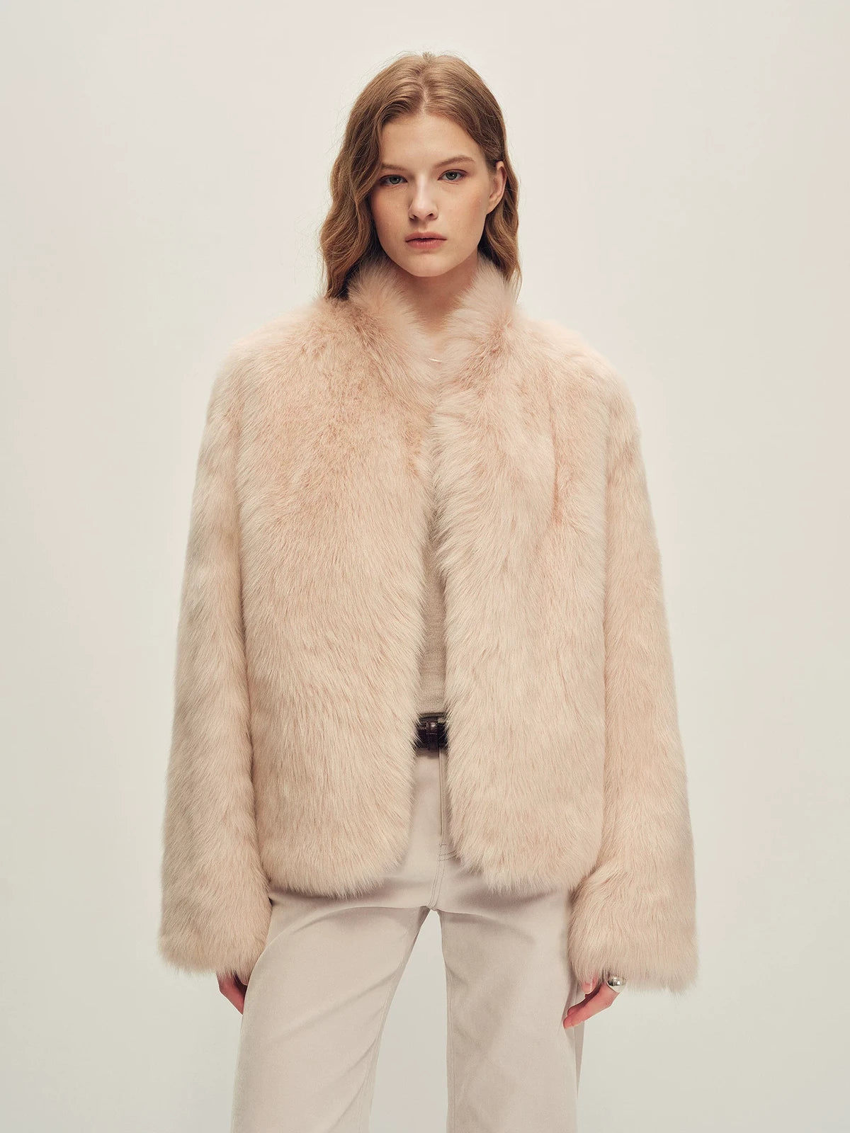 Firelady Fur Women's Toscana Shearling Jacket - Short Stand Collar in Dusty Pink - front half