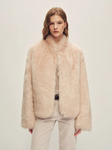 Firelady Fur Women's Toscana Shearling Jacket - Short Stand Collar in Dusty Pink - front half