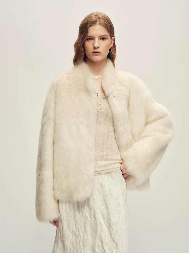 Firelady Fur Women's Toscana Shearling Jacket - Short Stand Collar in White - front half