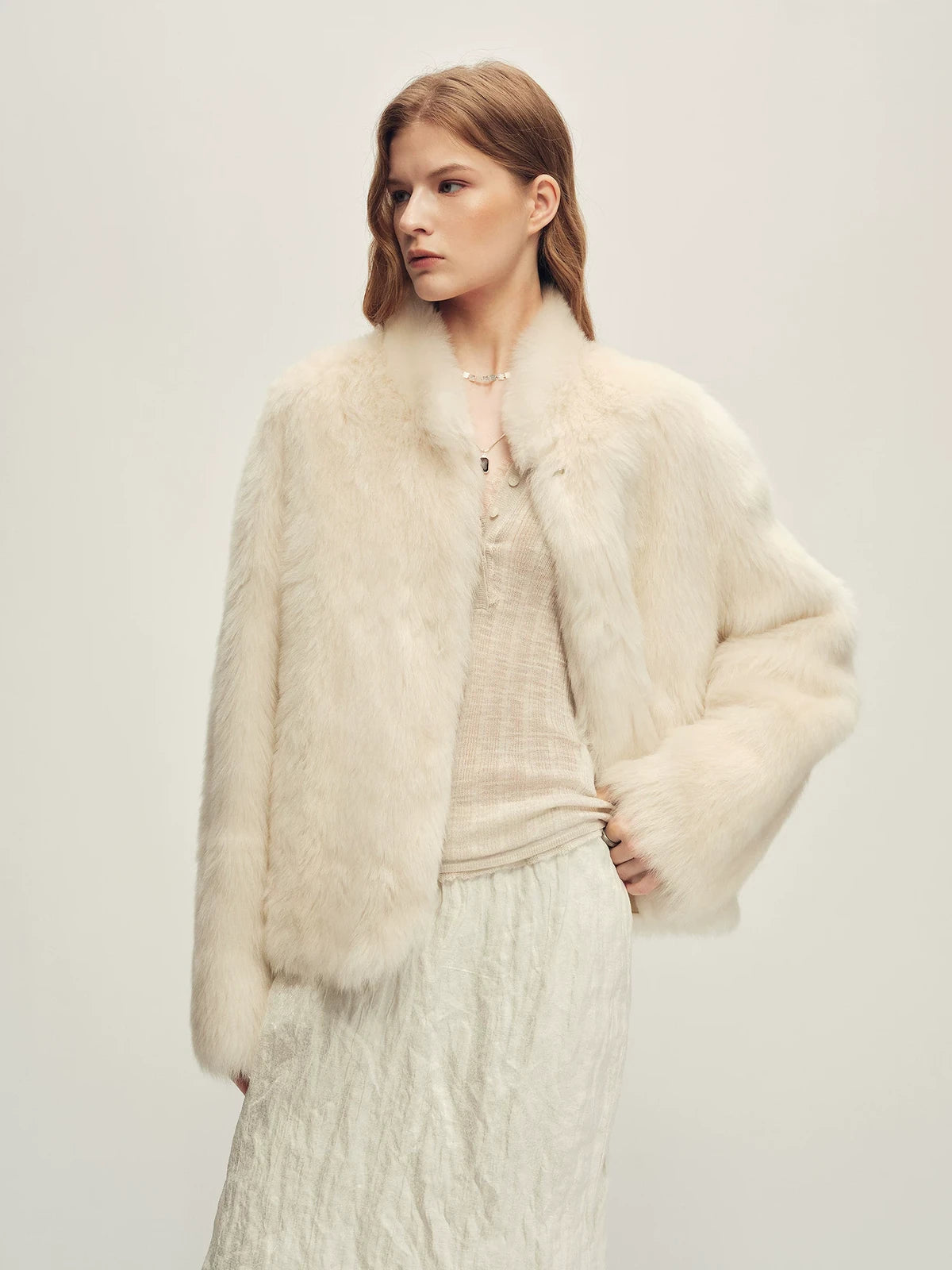 Firelady Fur Women's Toscana Shearling Jacket - Short Stand Collar in White - view 3