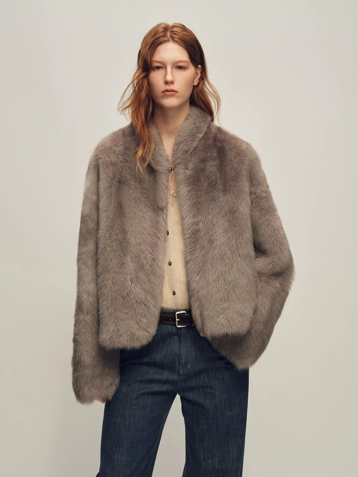 Firelady Fur Women's Toscana Shearling Jacket - Short Stand Collar in Dark Gray - front half