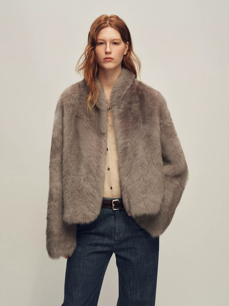 Firelady Fur Women's Toscana Shearling Jacket - Short Stand Collar in Dark Gray - front half