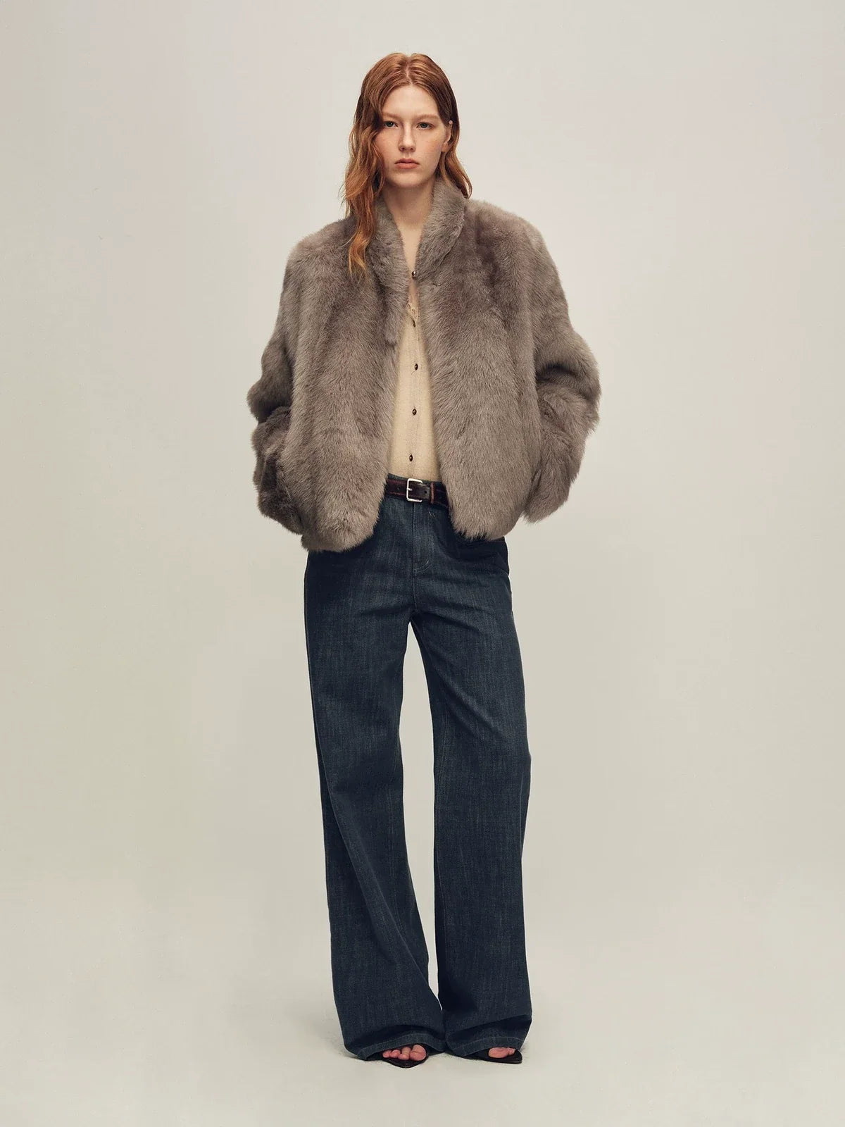 Firelady Fur Women's Toscana Shearling Jacket - Short Stand Collar in Dark Gray - view 2