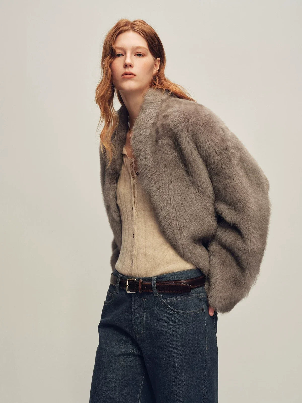 Firelady Fur Women's Toscana Shearling Jacket - Short Stand Collar in Dark Gray - view 3