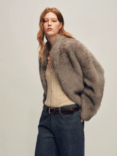 Firelady Fur Women's Toscana Shearling Jacket - Short Stand Collar in Dark Gray - view 3