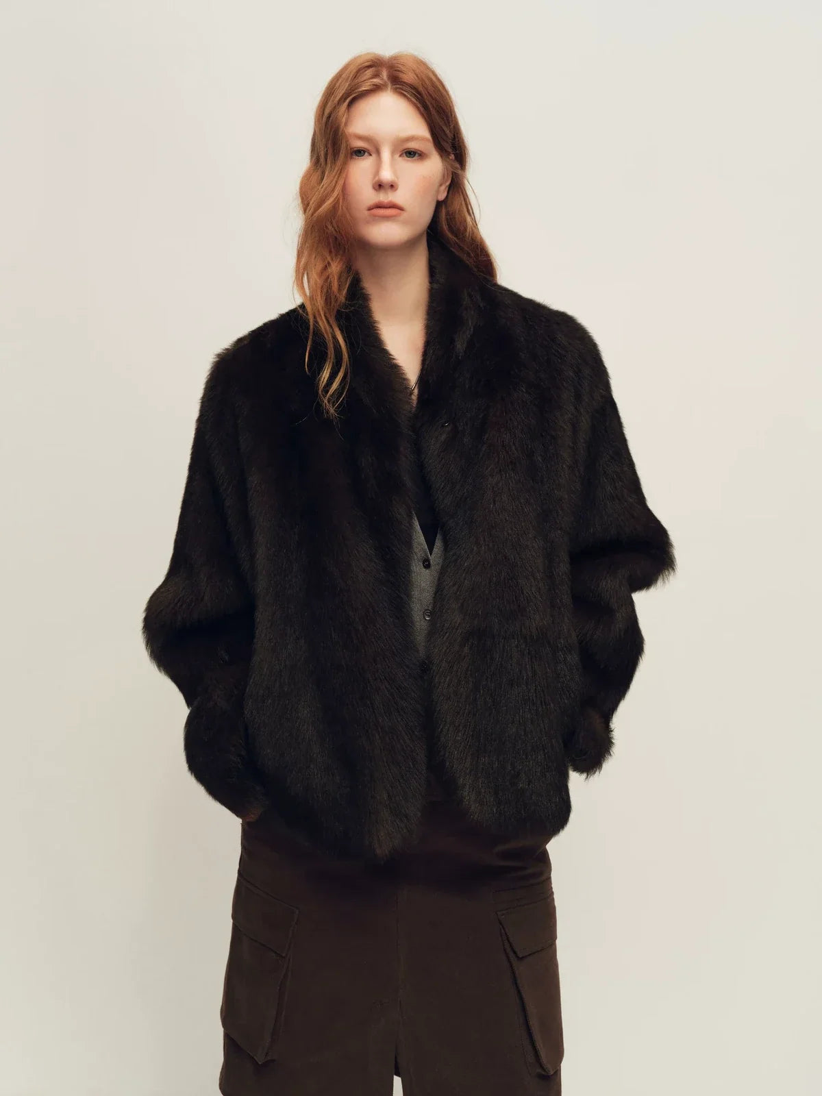 Firelady Fur Women's Toscana Shearling Jacket - Short Stand Collar in Tea Brown - front half