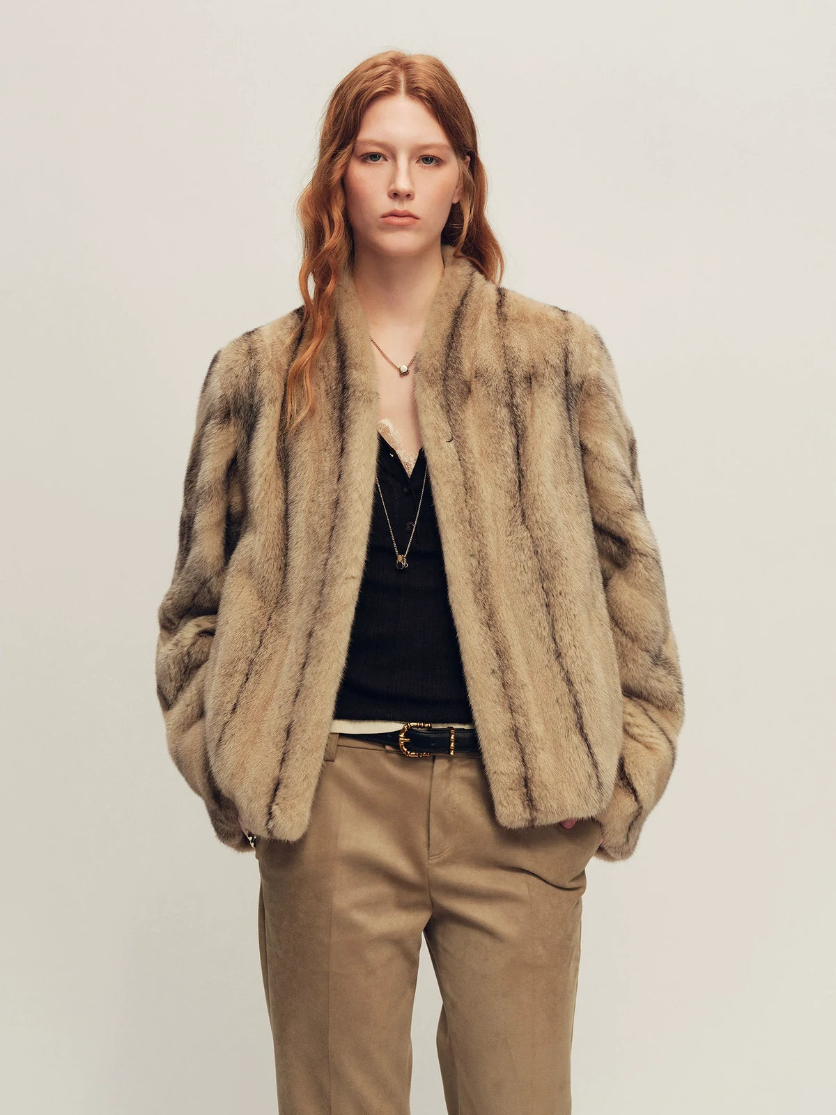 Firelady Fur Women's Short Mink Fur Coat - V-Neck in Black Cross Biscuit - front half