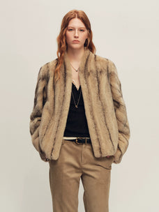 Firelady Fur Women's Short Mink Fur Coat - V-Neck in Black Cross Biscuit - front half