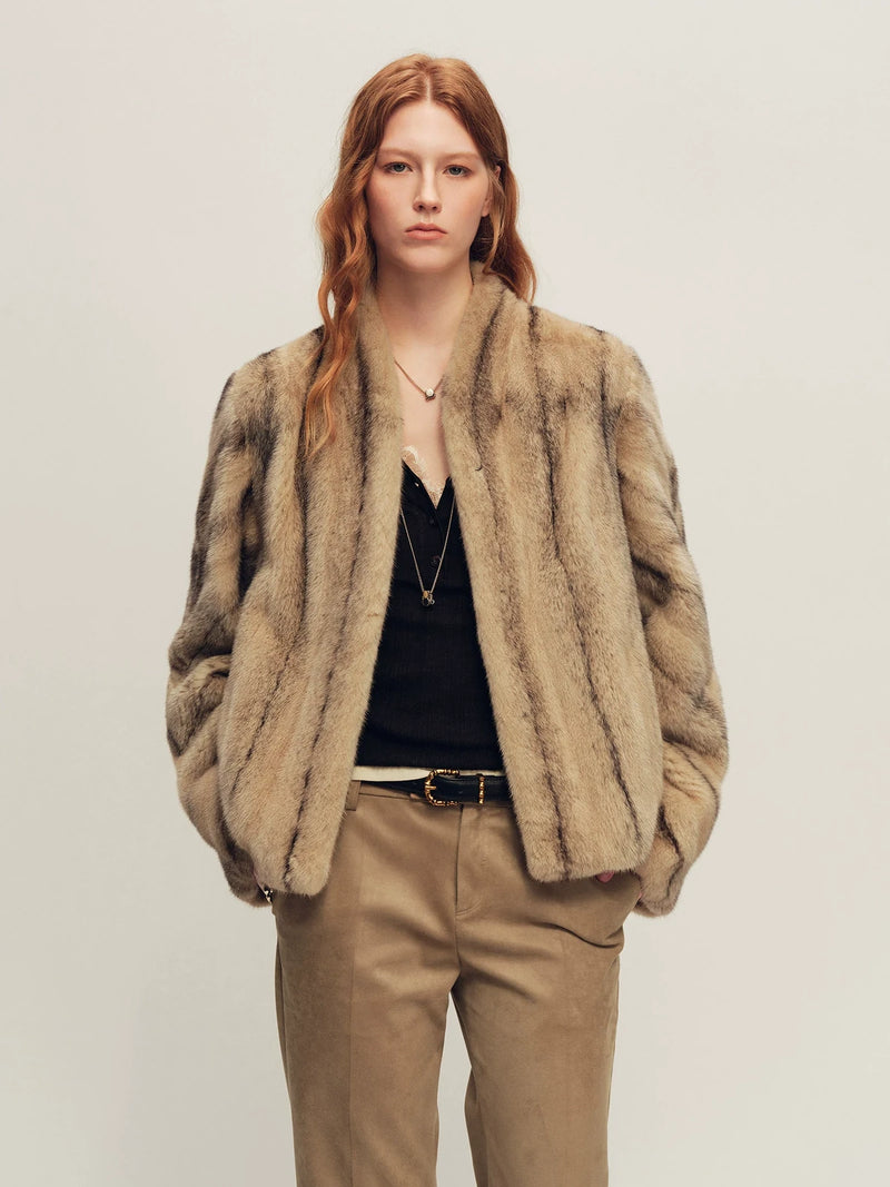 Firelady Fur Women's Short Mink Fur Coat - V-Neck in Black Cross Biscuit - front half