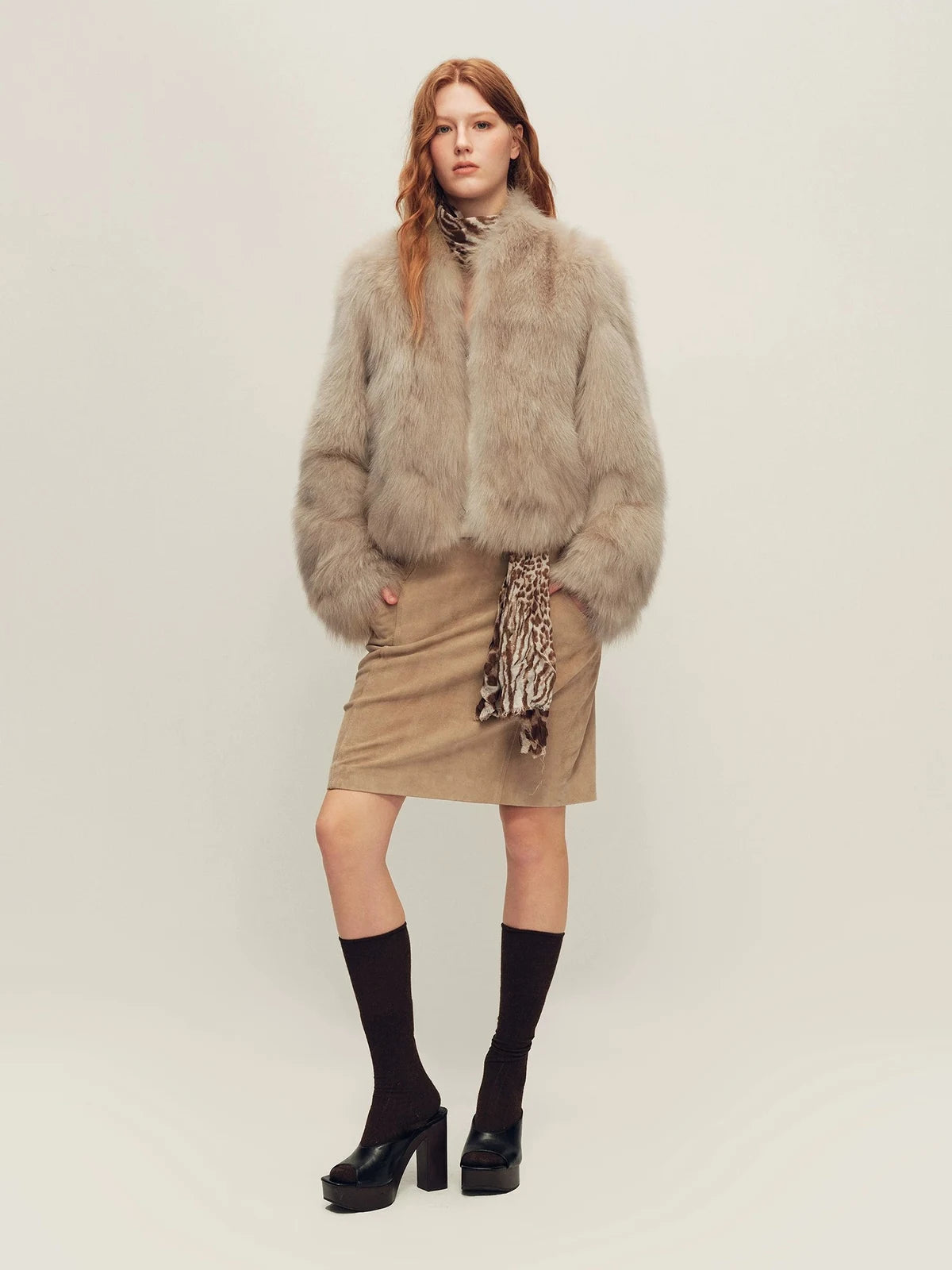 Firelady Fur Women's Cropped Saga Fox Fur Jacket - soft beige coffee angle