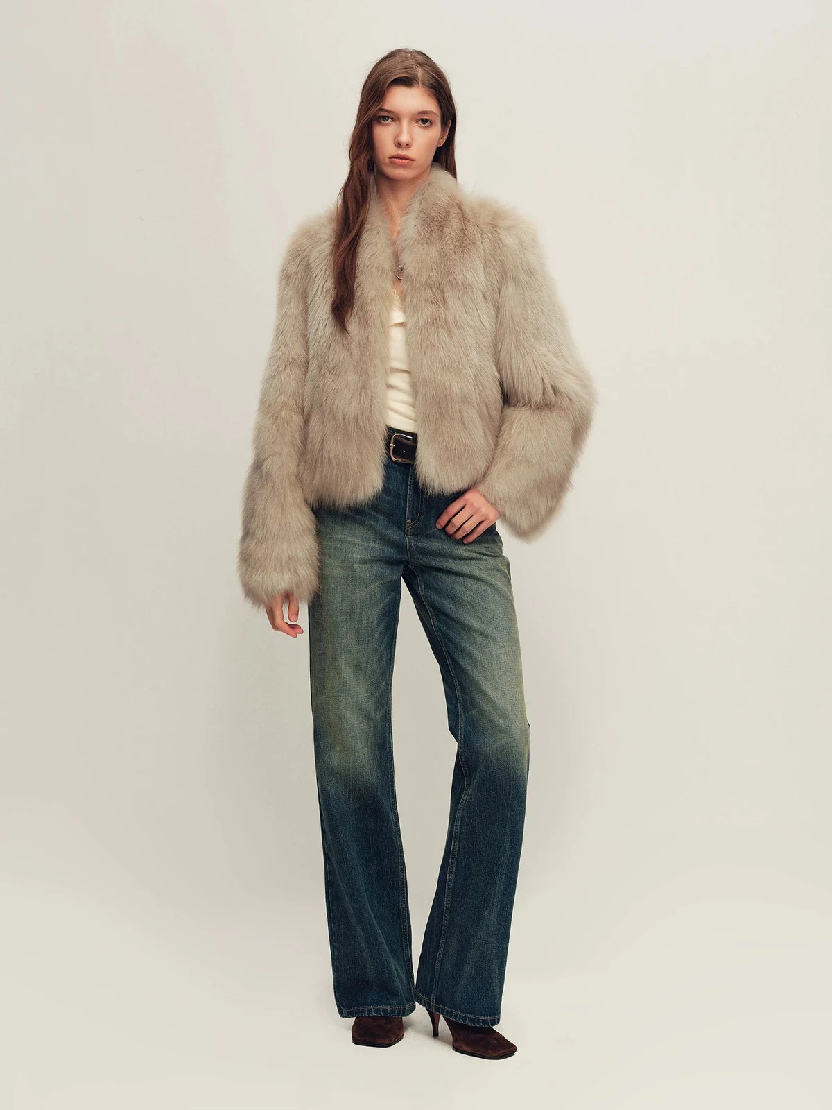 Firelady Fur Women's Cropped Saga Fox Fur Jacket - soft beige coffee front