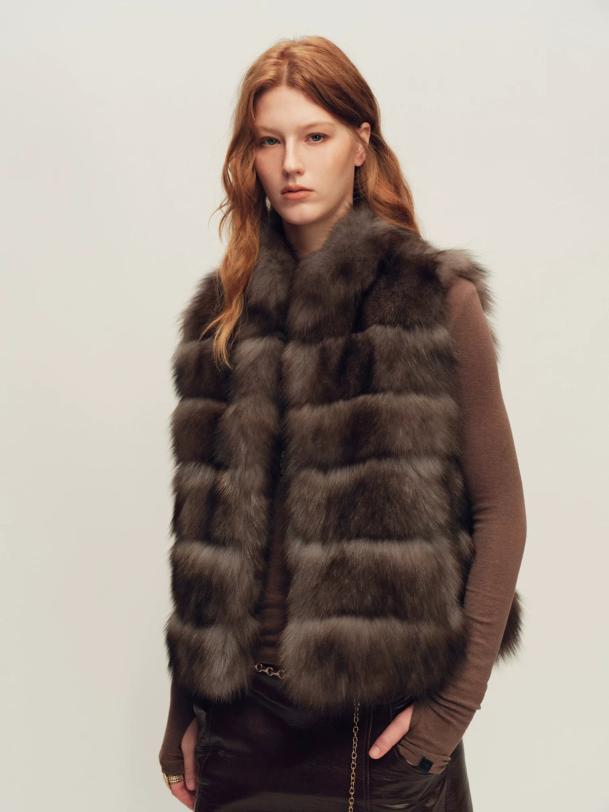 Firelady Fur Women's Fox Fur Vest - Stand Collar in Farmer Brown - front half