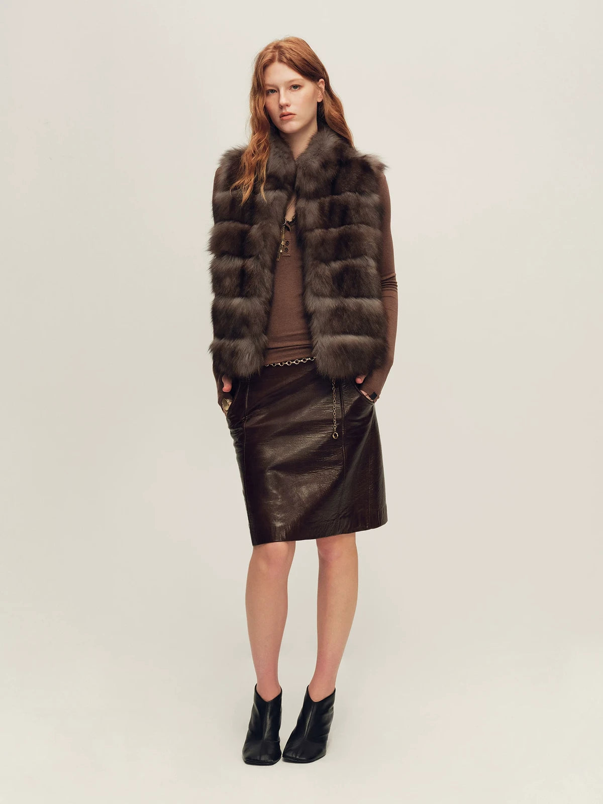 Firelady Fur Women's Fox Fur Vest - Stand Collar in Farmer Brown - view 3