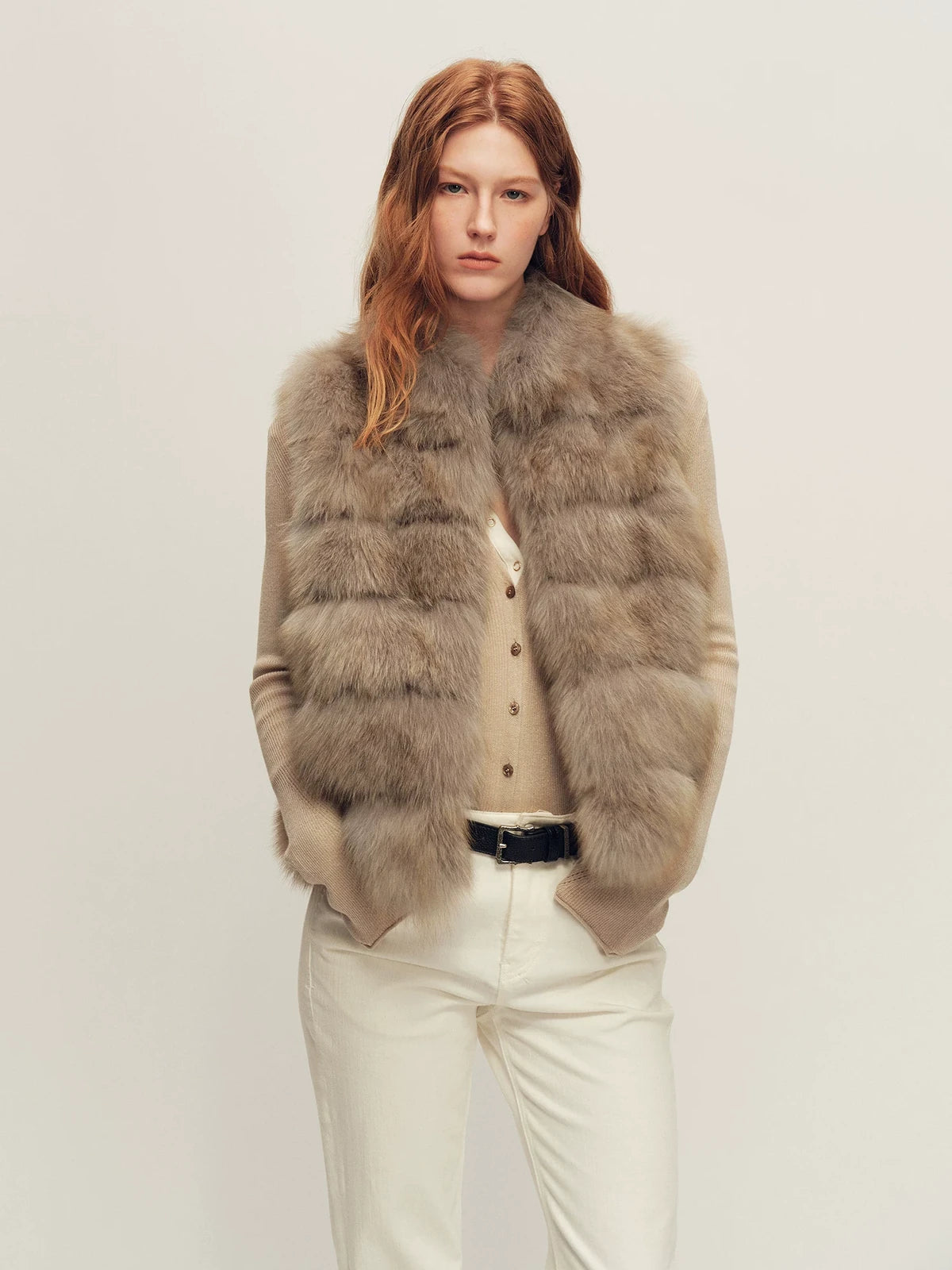 Firelady Fur Women's Fox Fur Vest - Stand Collar in Lavender Taupe - front half