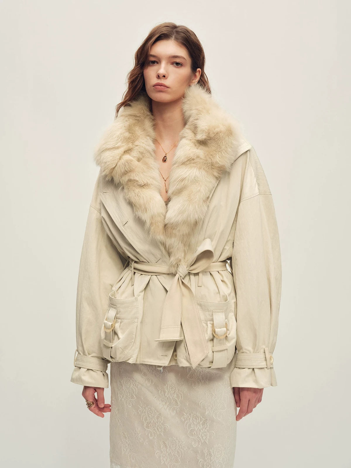 Firelady Fur Women's 3-in-1 Parka Jacket - Fox Fur Liner in Beige Gray - front half-body