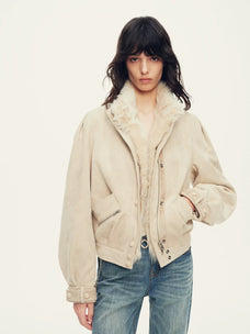 Firelady Fur Women's Cropped Down Biker Jacket - Detachable Shearling Collar in Apricot Beige Gray - front half