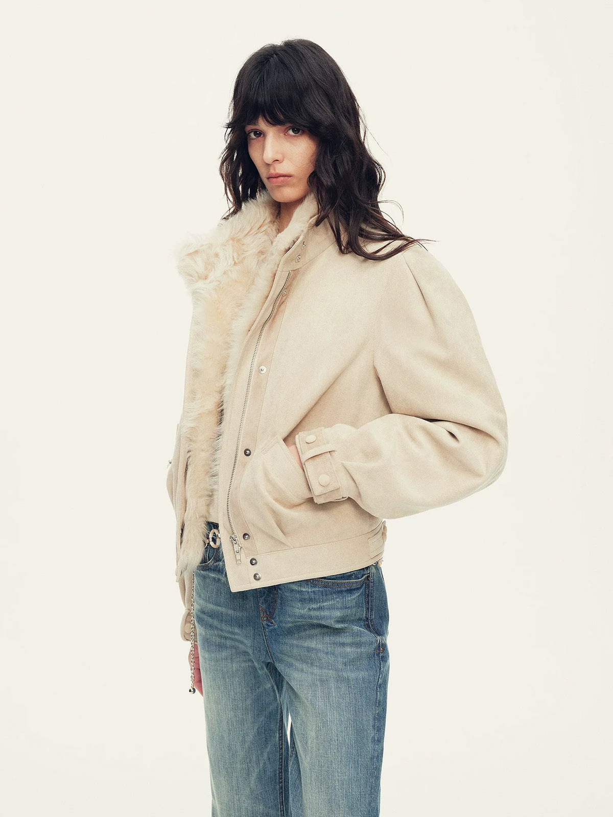 Firelady Fur Women's Cropped Down Biker Jacket - Detachable Shearling Collar in Apricot Beige Gray - view 2