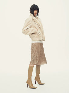 Firelady Fur Women's Cropped Down Biker Jacket - Detachable Shearling Collar in Apricot Beige Gray - view 3