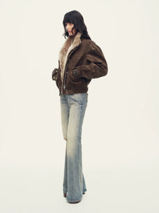 Firelady Fur Women's Cropped Down Biker Jacket - Detachable Shearling Collar in Dark Brown - view 2