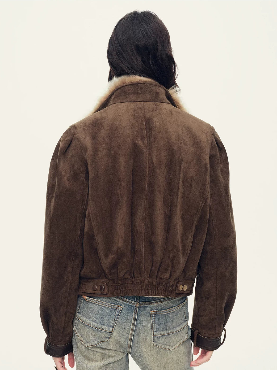 Firelady Fur Women's Cropped Down Biker Jacket - Detachable Shearling Collar in Dark Brown - view 3