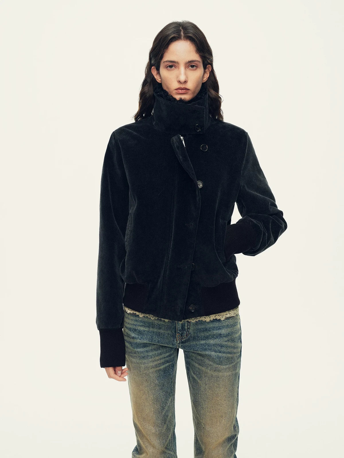 Firelady Fur Women's Corduroy Down Jacket - Curly Shearling Collar in Black - front half