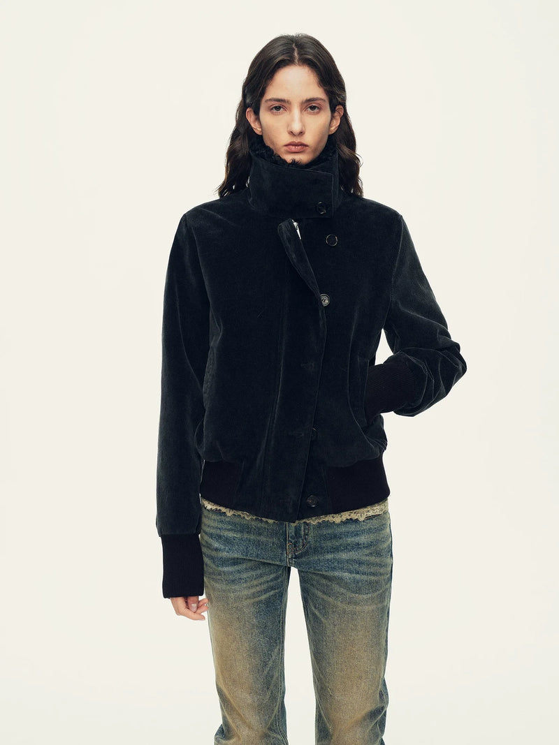 Firelady Fur Women's Corduroy Down Jacket - Curly Shearling Collar in Black - front half