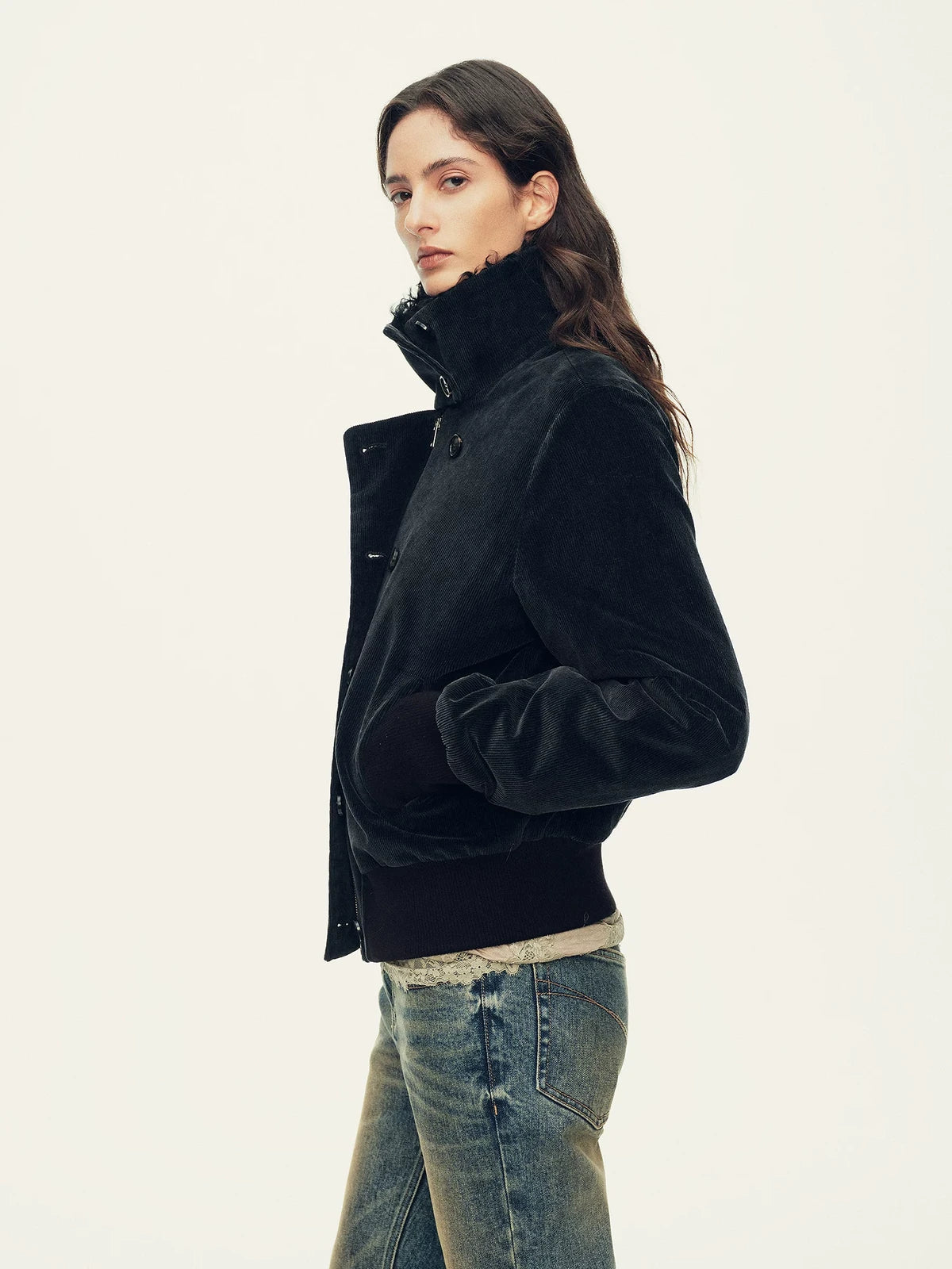 Firelady Fur Women's Corduroy Down Jacket - Curly Shearling Collar in Black - view 2