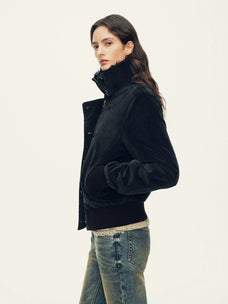 Firelady Fur Women's Corduroy Down Jacket - Curly Shearling Collar in Black - view 2