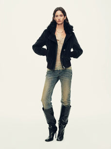 Firelady Fur Women's Corduroy Down Jacket - Curly Shearling Collar in Black - view 3