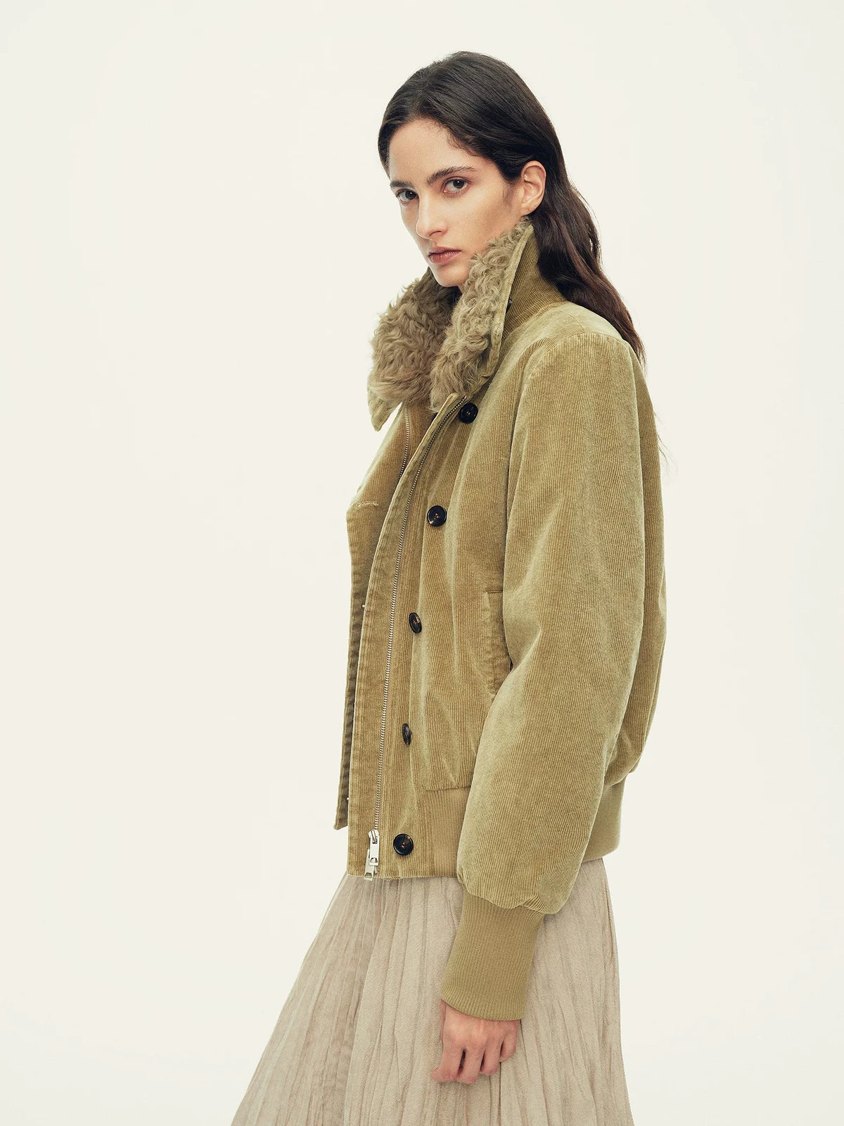 Firelady Fur Women's Corduroy Down Jacket - Curly Shearling Collar in Moss Green - view 2