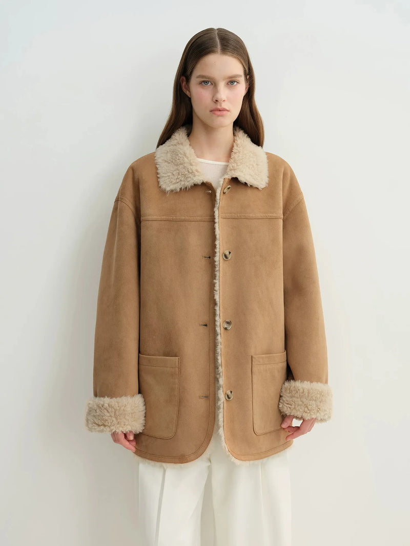 Firelady Fur Women's Reversible Faux Suede & Wool Shearling-Style Coat – Notched Collar