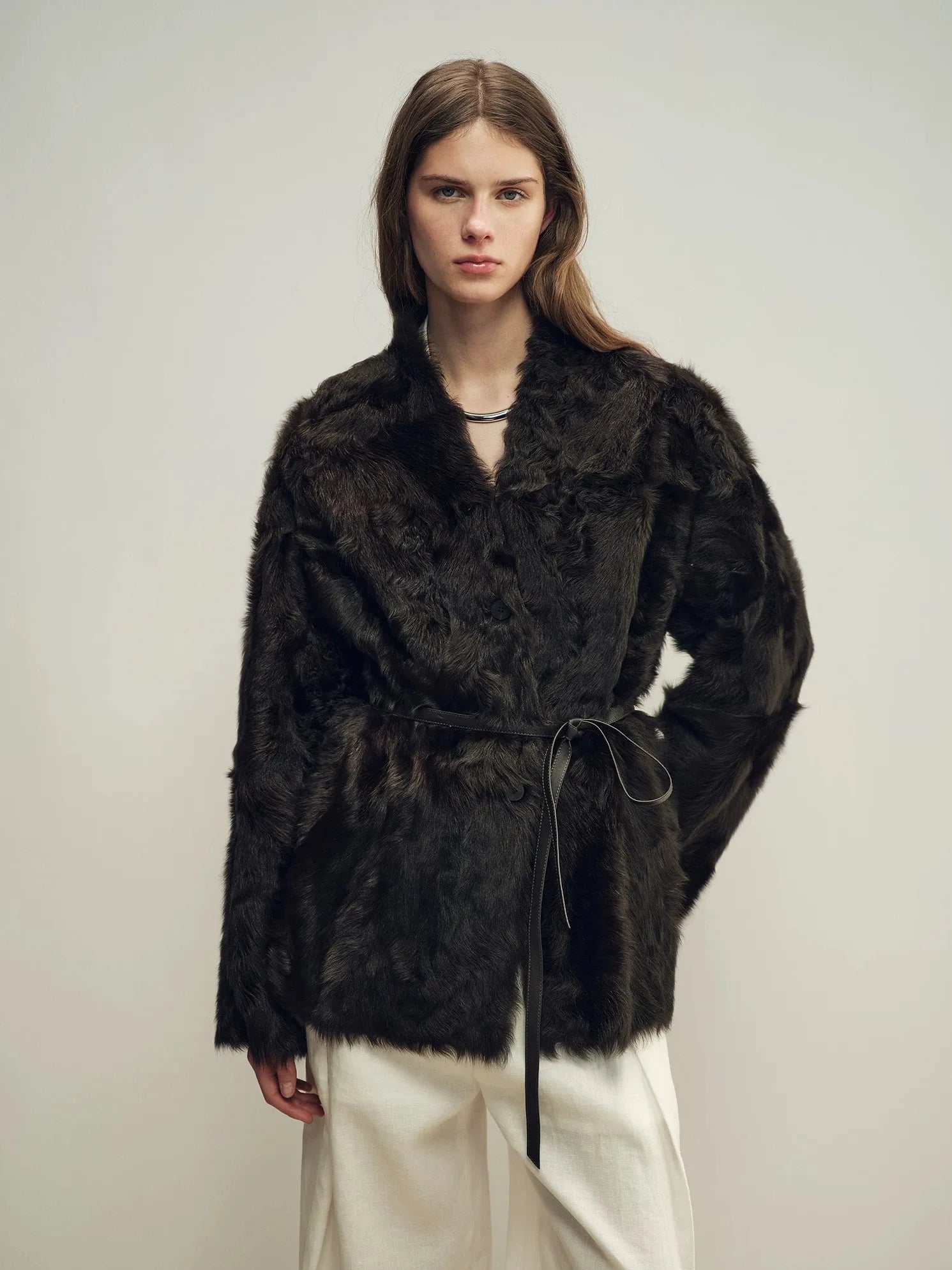 Firelady Fur Women's Shearling Coat - Belted V-Neck