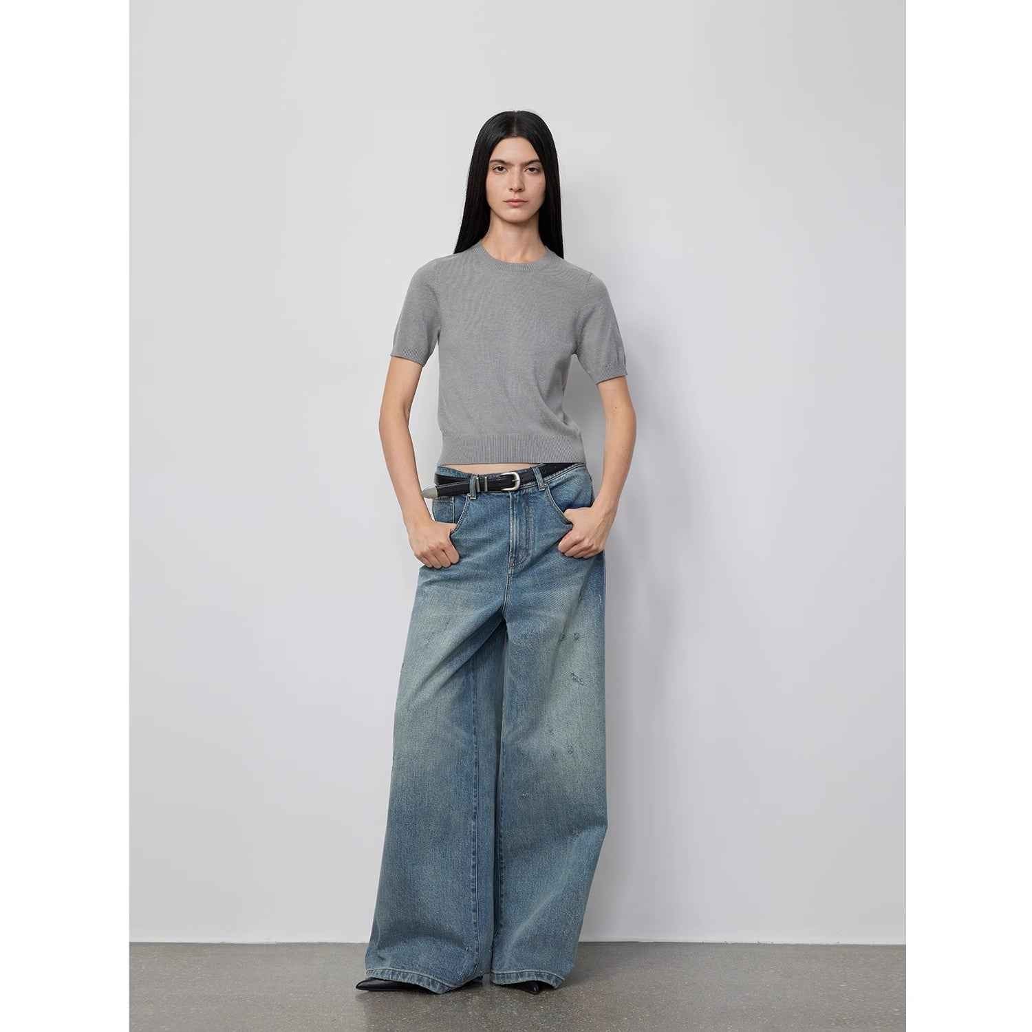 "90 Street" Retro Washed Distressed Straight Leg Wide Leg Low Crotch Jeans Women's Loose Pants - variant_title