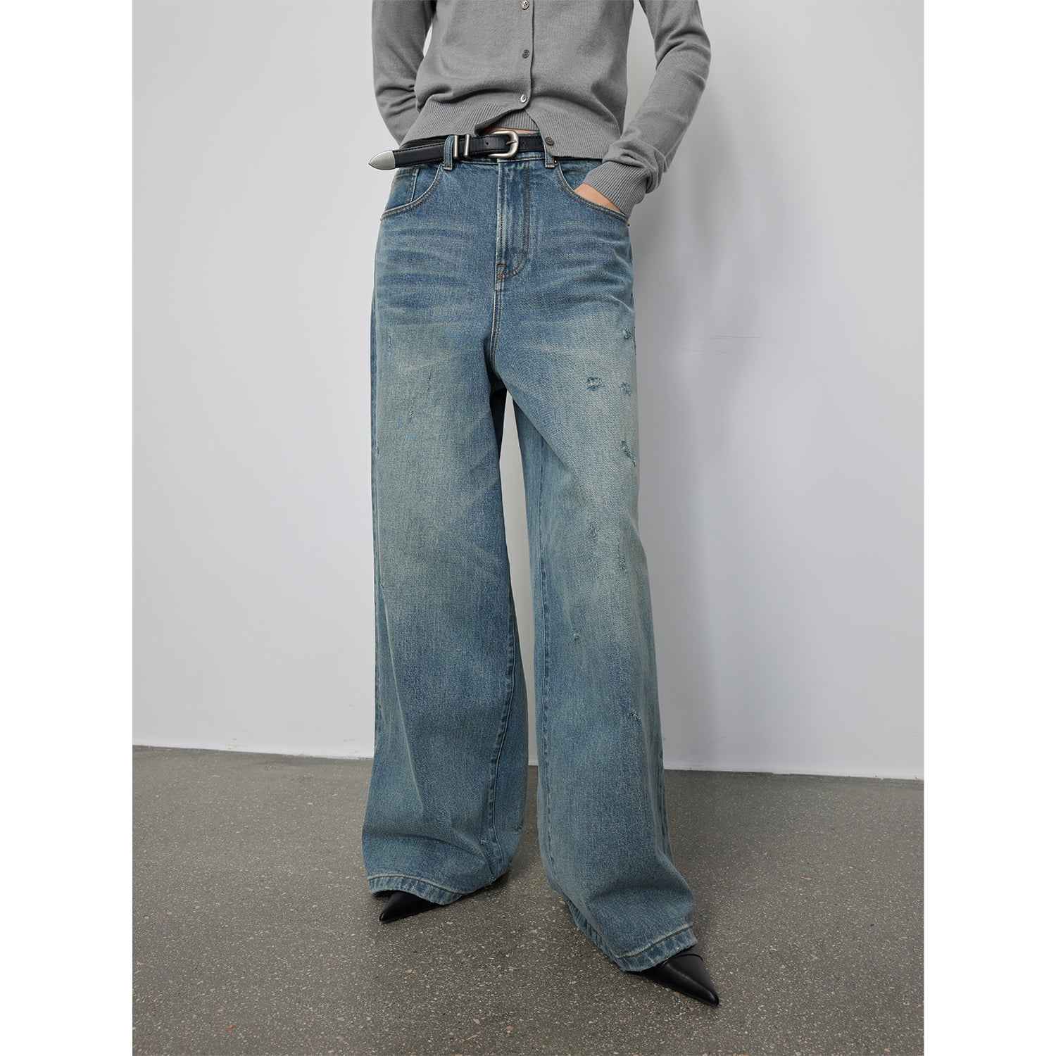 "90 Street" Retro Washed Distressed Straight Leg Wide Leg Low Crotch Jeans Women's Loose Pants - variant_title