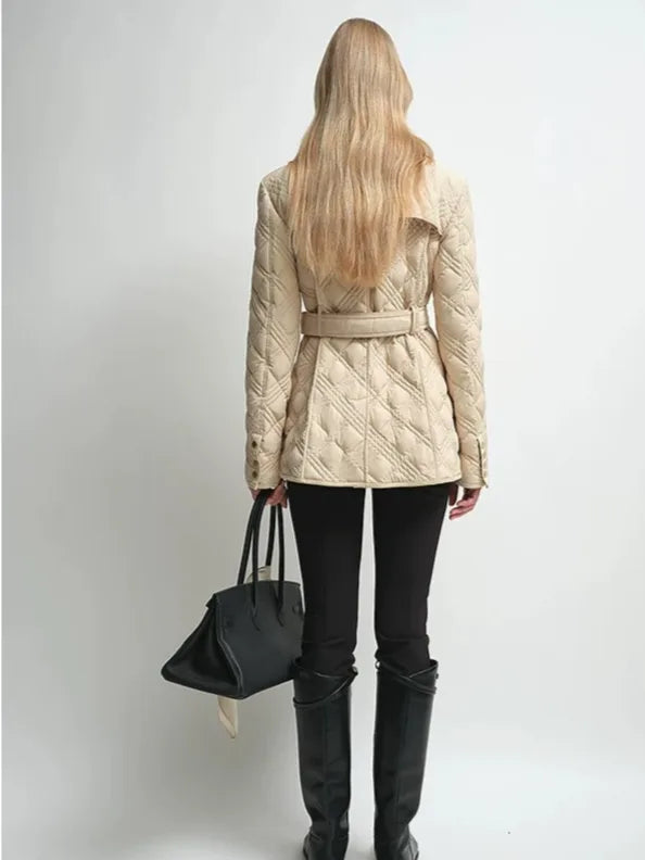 Firelady Fur Women's Belted Quilted Down Jacket – Diamond-Stitch Design