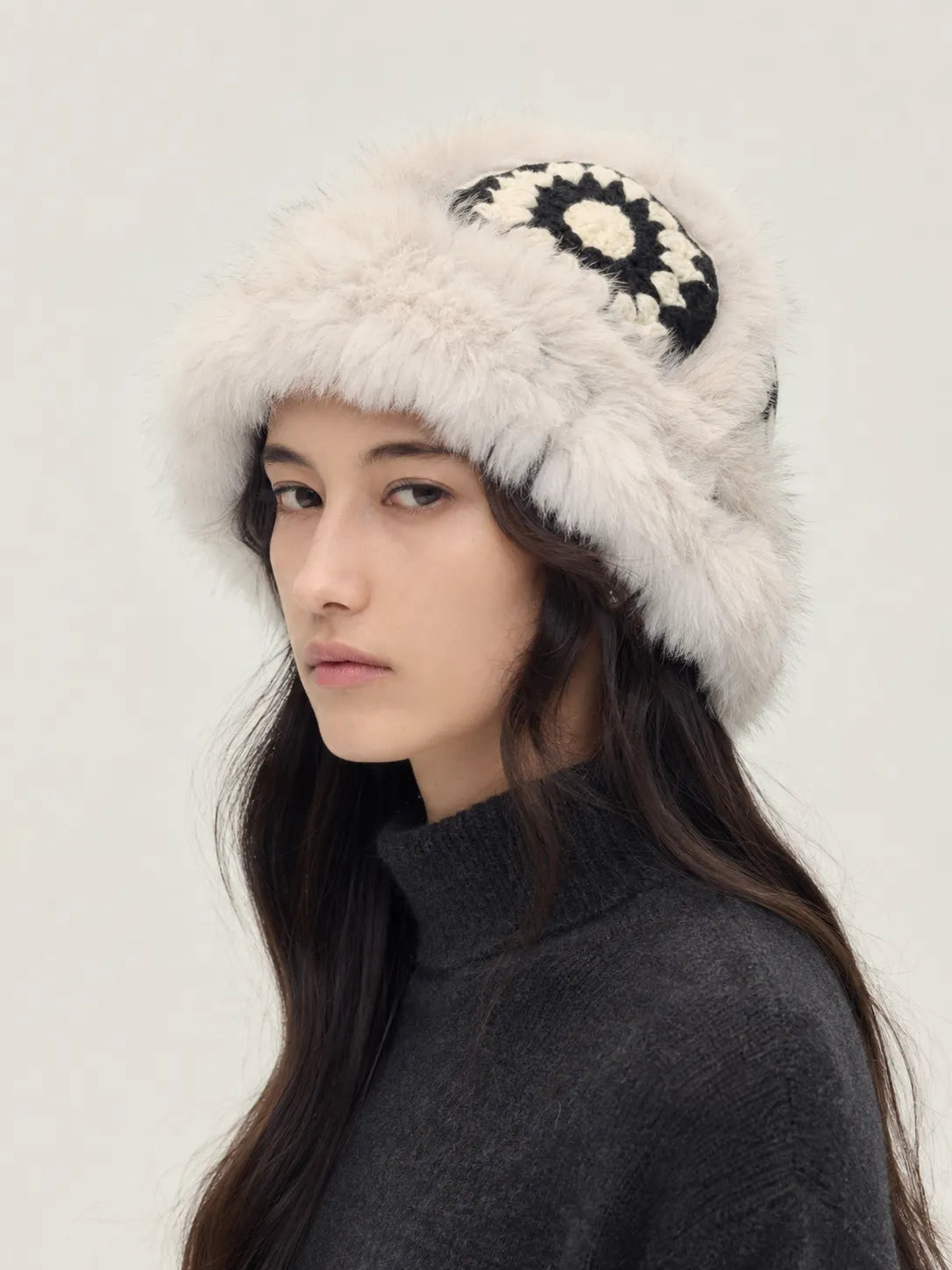 Milk tea rabbit fur knitted plush hat side styling - Fireladyfur