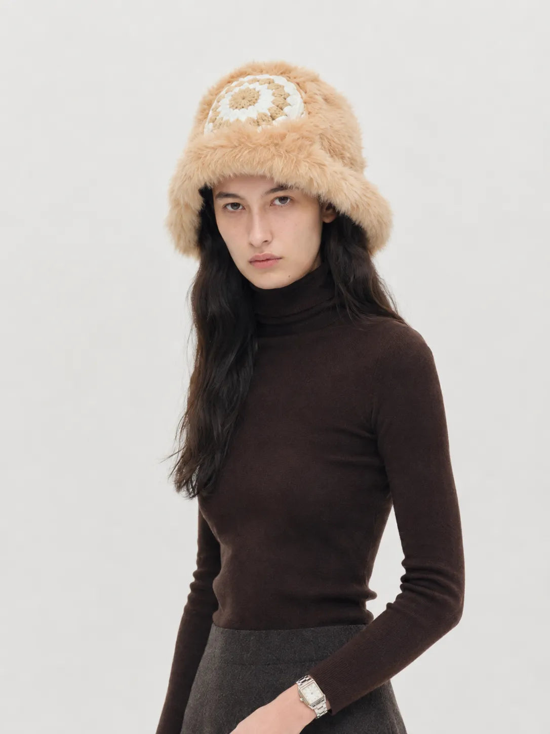 Woman styling a khaki rabbit fur knitted ethnic hat - Fireladyfur
